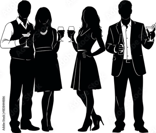 Obraz Stylized silhouette of elegant adults holding drinks at formal party event, perfect for nightlife, celebration, fashion, and social themes.