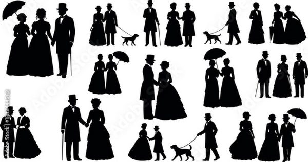 Obraz Victorian era silhouette couples walking with umbrellas, dogs, and canes in vintage fashion style on white background vector illustration