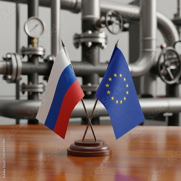 Fototapeta Symbolic Russia and European Union desktop flags cross over complex industrial pipeline system suggesting energy negotiations