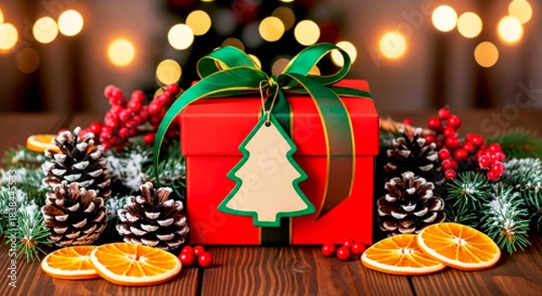 Obraz A Christmas gift box in red packaging with a green bow and a blank tree-shaped tag. Perfect for your text and advertising.