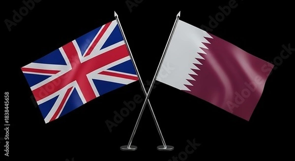 Fototapeta Stunning crossed flags of the United Kingdom and Qatar waving proudly against a deep black background for international partnership concepts