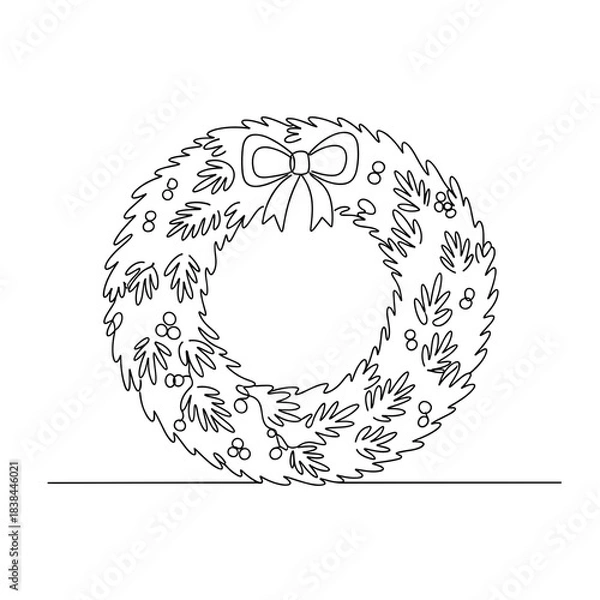 Fototapeta Christmas wreath with bow and leaves in simple line art style  