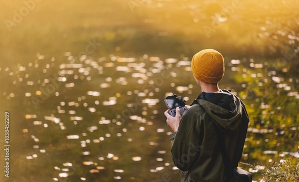 Fototapeta Man Operating Drone Using Remote Controller