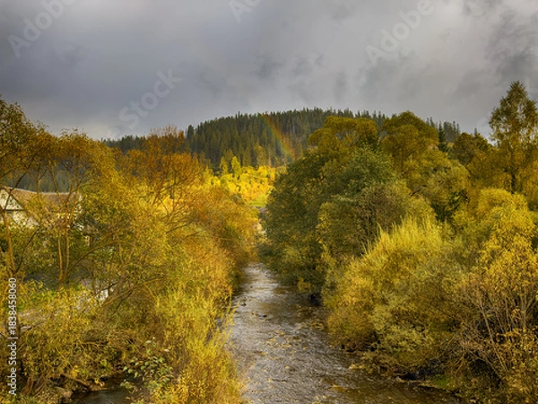 Obraz Sunny Autumn Carpathians with Puffy White Clouds