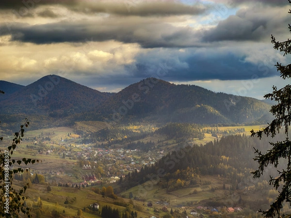 Obraz Sunny Autumn Carpathians with Puffy White Clouds