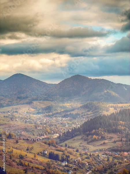 Obraz Sunny Autumn Carpathians with Puffy White Clouds