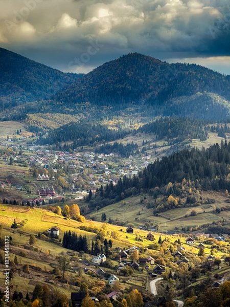 Obraz Sunny Autumn Carpathians with Puffy White Clouds