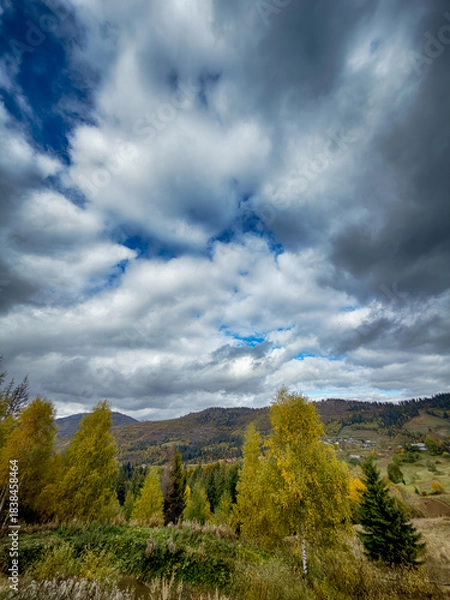 Obraz Sunny Autumn Carpathians with Puffy White Clouds