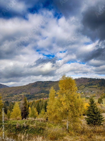 Obraz Sunny Autumn Carpathians with Puffy White Clouds
