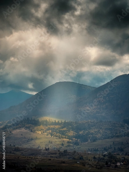 Obraz Sunny Autumn Carpathians with Puffy White Clouds