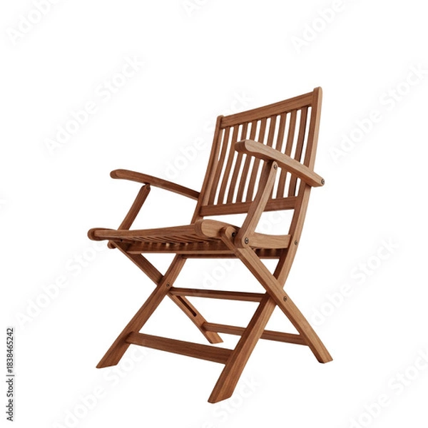 Fototapeta Rustic wooden folding chair with slatted seat and cross-braced frame