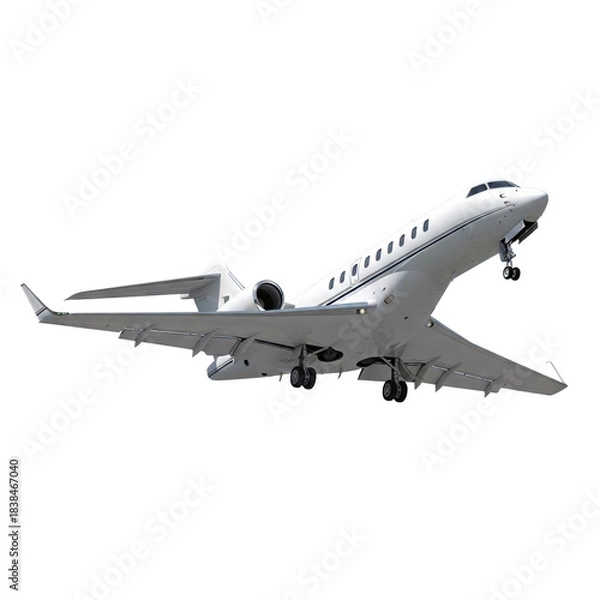 Fototapeta White private jet in mid-flight with dual rear-mounted engines and landing gear extended
