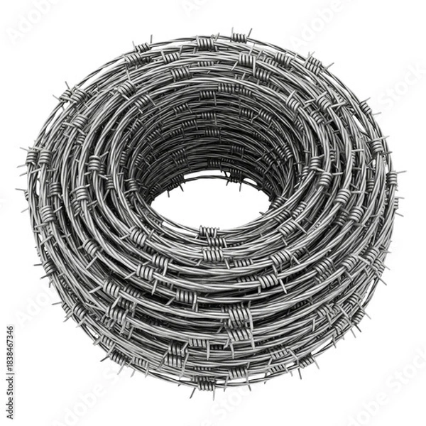 Fototapeta Dense cylindrical roll of coiled barbed wire with sharp metal barbs