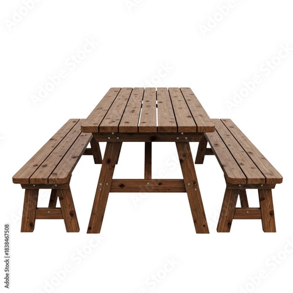 Fototapeta Sturdy wooden outdoor picnic table with attached benches and rustic finish