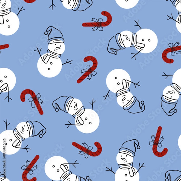 Obraz Winter Snowman and Candy canes Vector Seamless Pattern