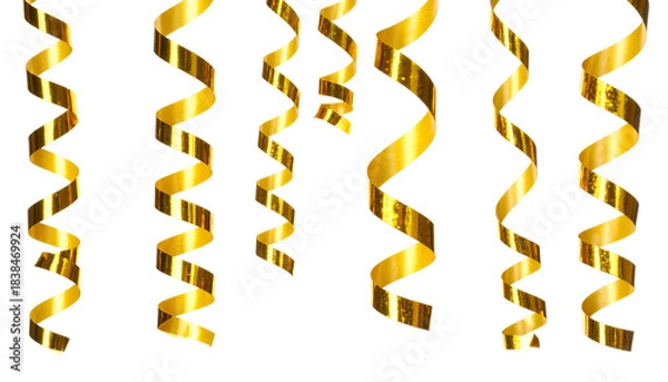 Obraz Several golden, glossy, ribbon-like spirals hanging against a stark, black background