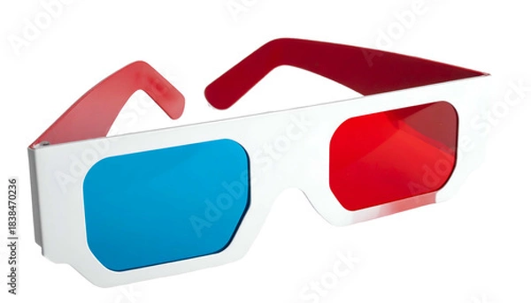 Obraz A close-up of 3D glasses with one red and one blue lens, white frame, and red arms