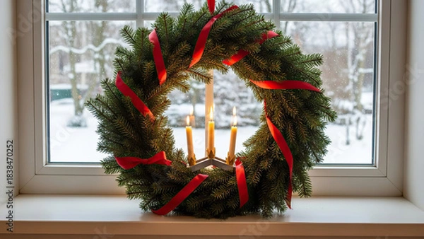 Obraz A beautiful and festive christmas wreath adorned with red ribbon and lit candles displayed on a windowsill with a snowy winter scene visible through the glass