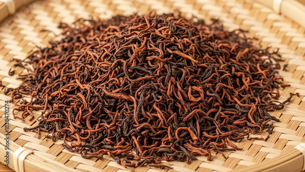 Obraz A close up overhead view of a pile of dry loose leaf black tea with a reddish brown hue presented on a woven bamboo mat showcasing its intricate texture and natural beauty