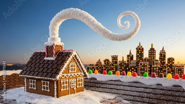 Obraz Whimsical gingerbread house with a swirling chimney plume of icing stands before a colorful edible cityscape under a bright sky evoking holiday spirit and sweet dreams