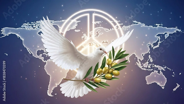 Obraz Symbol of peace with a white dove carrying an olive branch over a world map and a glowing peace sign