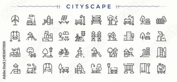 Fototapeta Cityscape linear icon set. Minimalist linear icons. Editable vector stroke. Ground icon set. Contains outline symbols like lake, city park, urban, park, outdoor and more.