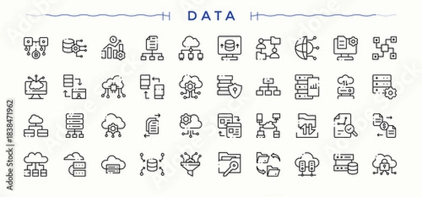 Obraz Data icon collection. Vector outline icons collection. Editable vector stroke. Data Analysis icon set. Containing server, data analysis, technology, info, analysis, data server and more.