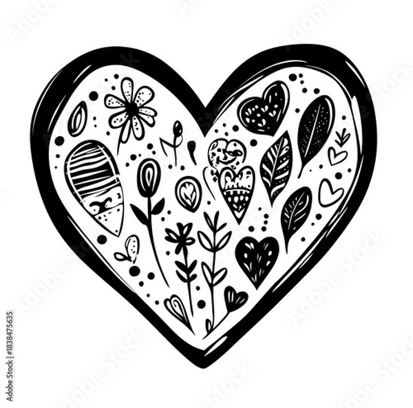 Obraz Cute simple black doodle heart isolated on white or transparent PNG background. Perfect for love, valentine, and romantic designs. Premium hand-drawn heart graphic for creative projects.