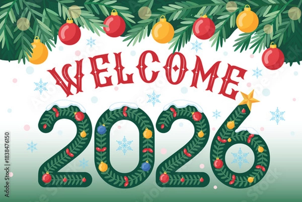 Fototapeta Happy New Year 2026 Festive Illustration with Christmas Garland and Ornaments
