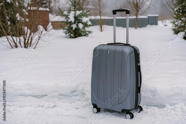 Obraz A large suitcase rests on the snowy ground. Snow covers the area around the suitcase. Trees are in the background with a building in view during winter.