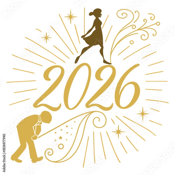 Fototapeta Elegant 2026 Happy New Year concept with golden text and fireworks pattern on a simple white background