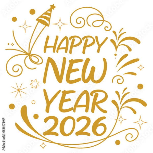 Fototapeta Elegant 2026 Happy New Year concept with golden text and fireworks pattern on a simple white background
