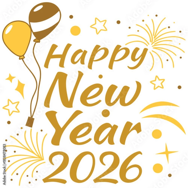 Fototapeta Elegant 2026 Happy New Year concept with golden text and fireworks pattern on a simple white background
