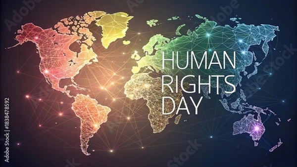 Obraz World map of glowing color threads symbolizing global unity human rights.