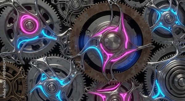 Fototapeta Intricate clockwork gears and futuristic glowing neon circuits in abstract mechanical design