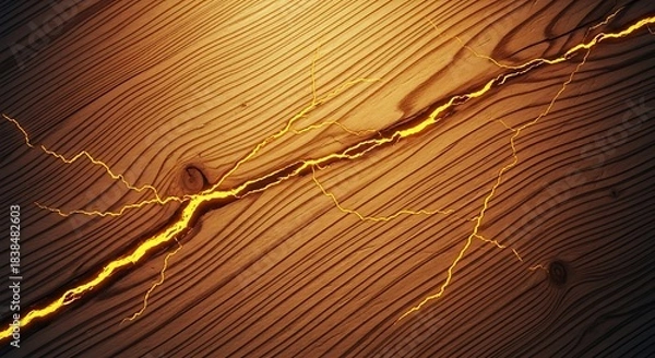 Fototapeta Dynamic Wooden Surface with a Luminous Golden Crack, Revealing Raw Power and Natural Beauty in a Dramatic Textured Display