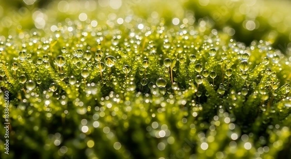 Fototapeta Macro shot of vibrant green moss covered with sparkling dew drops, reflecting light. Capturing the fresh, intricate texture and delicate beauty of nature after a morning rain