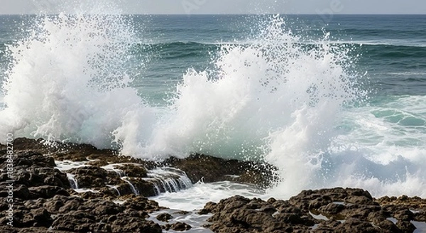 Fototapeta Dynamic ocean waves crash with tremendous force against rugged, dark coastal rocks, creating a spectacular display of white spray and foam under an open sky, showcasing nature's raw power