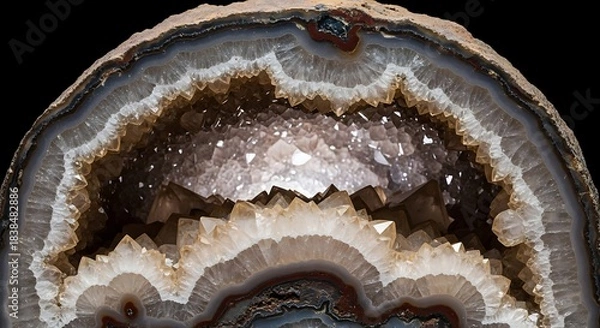 Fototapeta Detailed view of a geode cross-section revealing a breathtaking internal landscape of sparkling crystals and layered mineral deposits, a true geological wonder