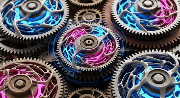 Fototapeta Intricate Interlocking Mechanical Gears with Glowing Neon Blue and Pink Hues
