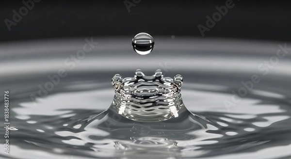 Fototapeta Macro photograph of a water drop creating ripples and a crown splash in clear liquid