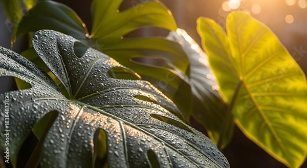 Fototapeta Lush green tropical plant leaves shimmering with fresh water droplets, bathed in the soft glow of morning sunlight, capturing the essence of vibrant nature and refreshing tranquility