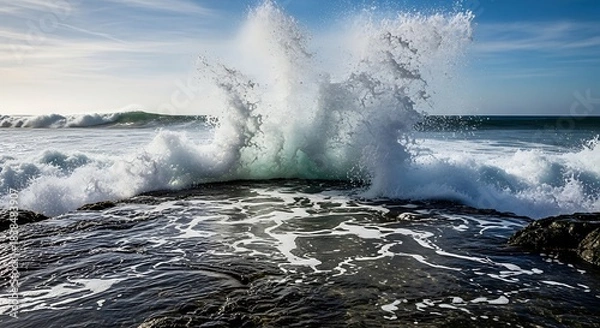 Fototapeta Dynamic ocean wave crashing against rocky shore under a bright sky