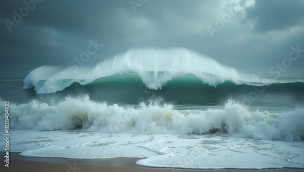 Obraz Powerful wave crashing on shore under cloudy sky  