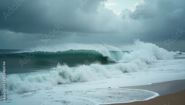 Obraz Ocean waves crashing on shore under cloudy sky  