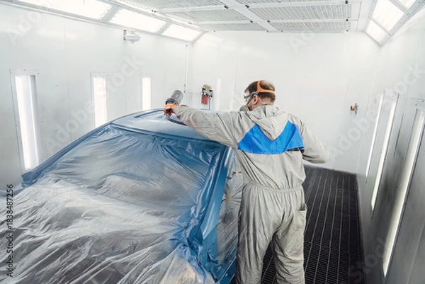 Obraz Professional painter in a protective suit spraying paint onto the car body inside a clean, modern spray booth. High quality automotive repair and bodywork service maintenance for vehicles.