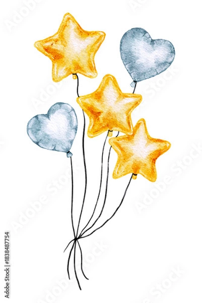 Fototapeta Floating stars and hearts watercolor balloons isolated on white background, hand drawn clip art.