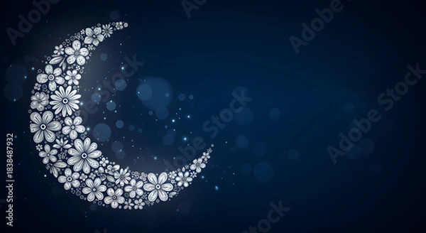Fototapeta Crescent moon made of white flowers on dark blue background