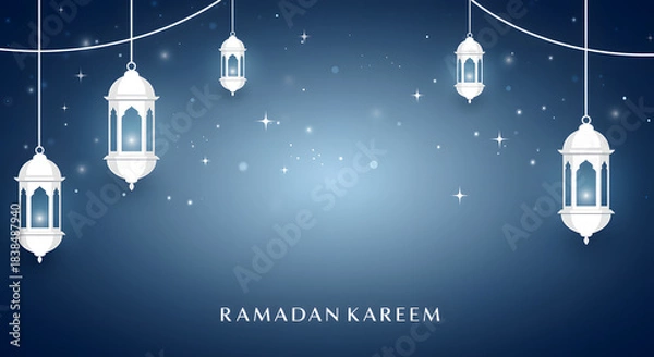 Fototapeta White Ramadan lanterns hanging against a starry blue gradient background