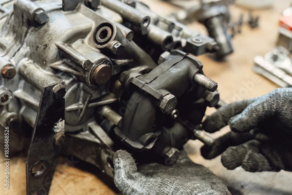 Obraz Disassembled old car gearbox with gears in an auto service garage. Repair, maintenance, and replacement of worn mechanical transmission parts in a vehicle